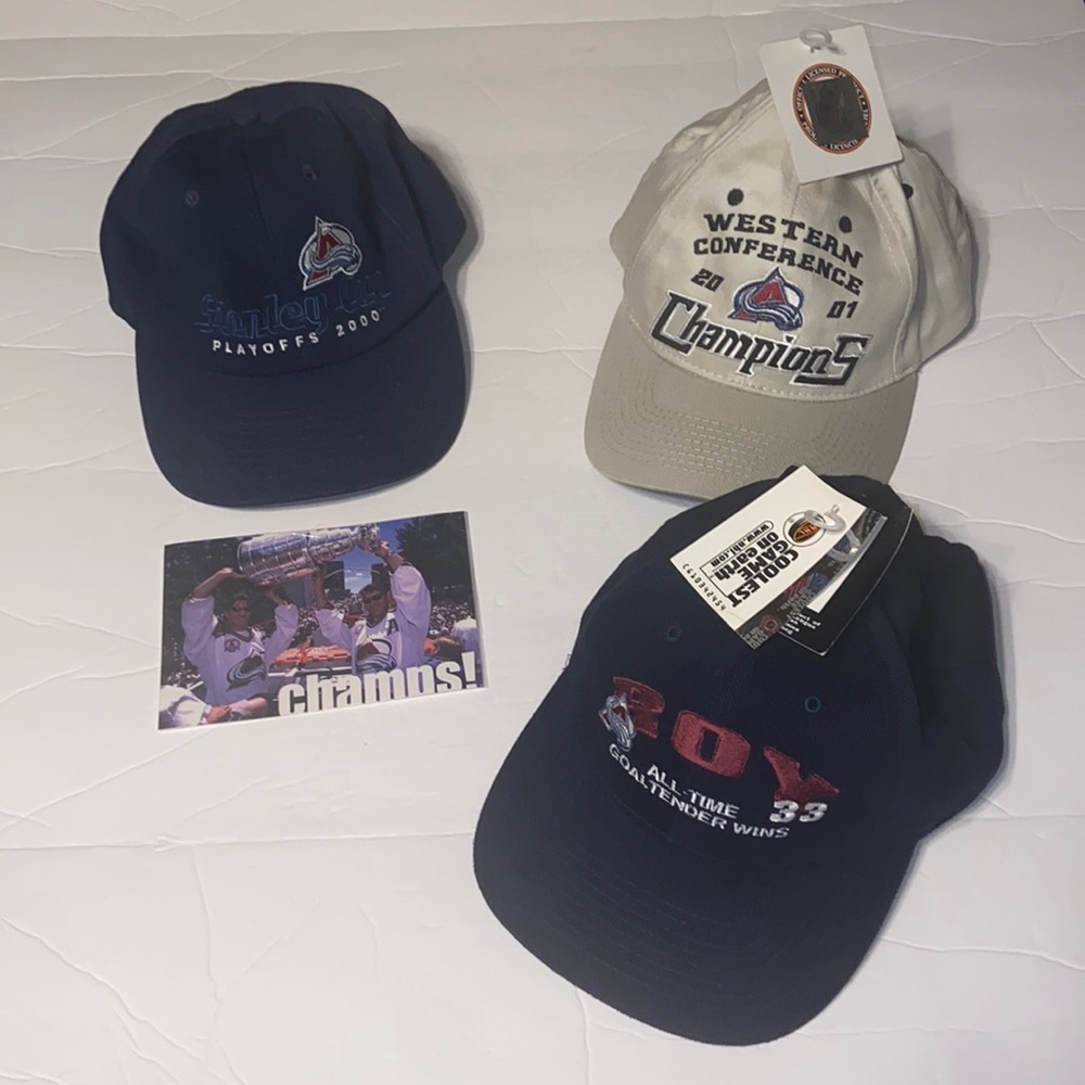 Colorado Avalanche NHL hockey bundle of three vintage hats and a photo